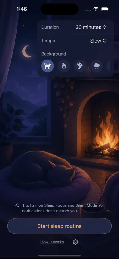 Home screen of Fall Asleep Easily: a dark room at night with a cat by the fireplace, a configuration card, and a single amber start button.