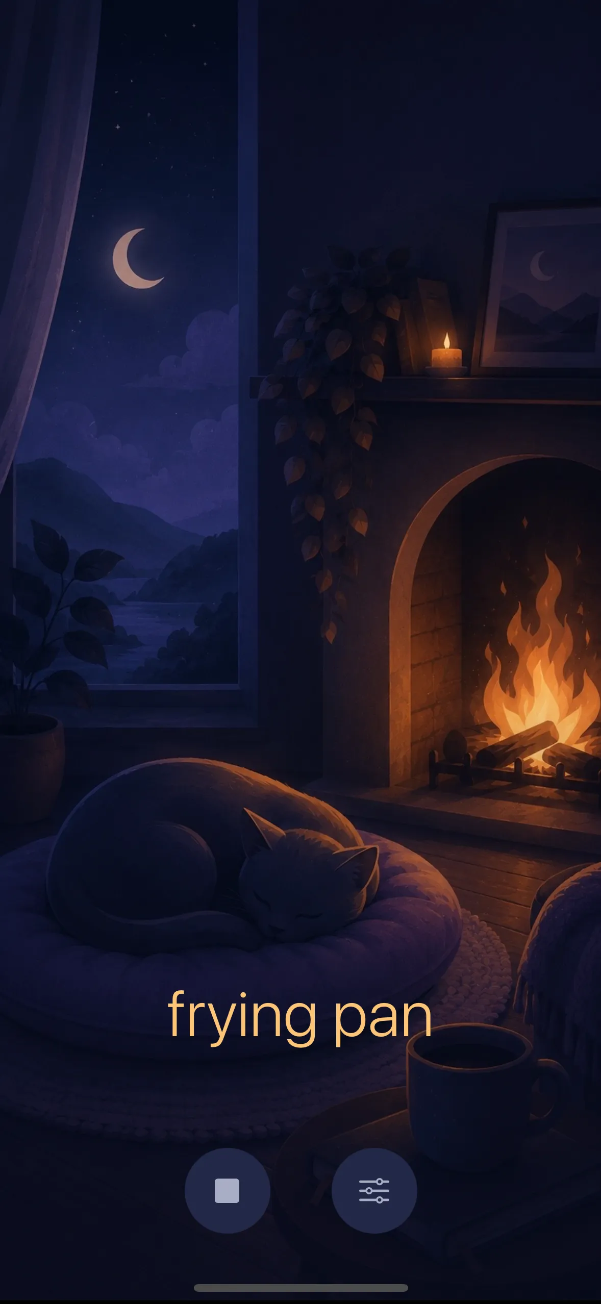 Session screen of Fall Asleep Easily: the same dark room, with the currently spoken word glowing softly in warm amber.